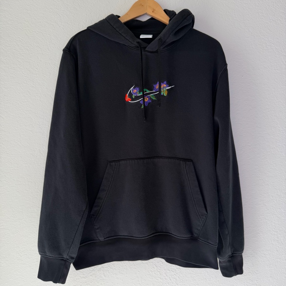 Nike Black Hoodie with Embroidered Floral Swoosh - Picture 2 of 7